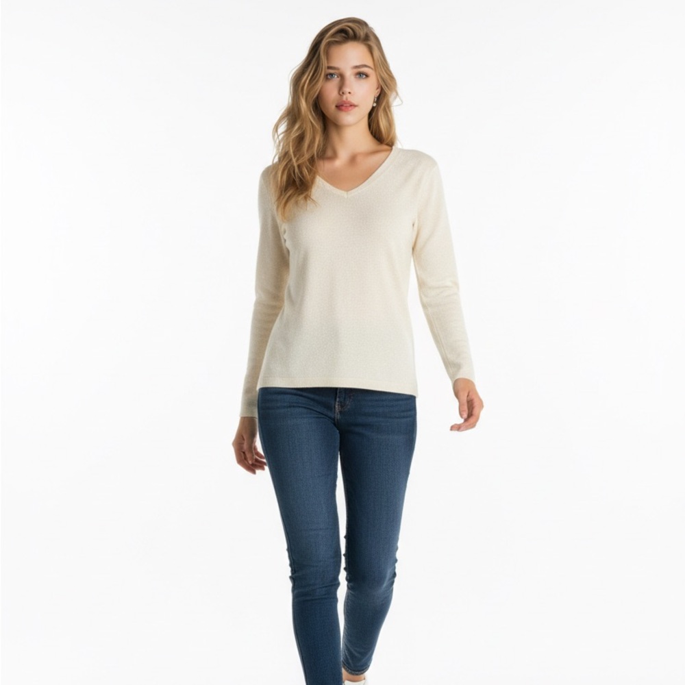 Womens Ann Taylor LOFT Cream V-Neck Sweater Sm Merino Wool Blend Minimalist Cozy